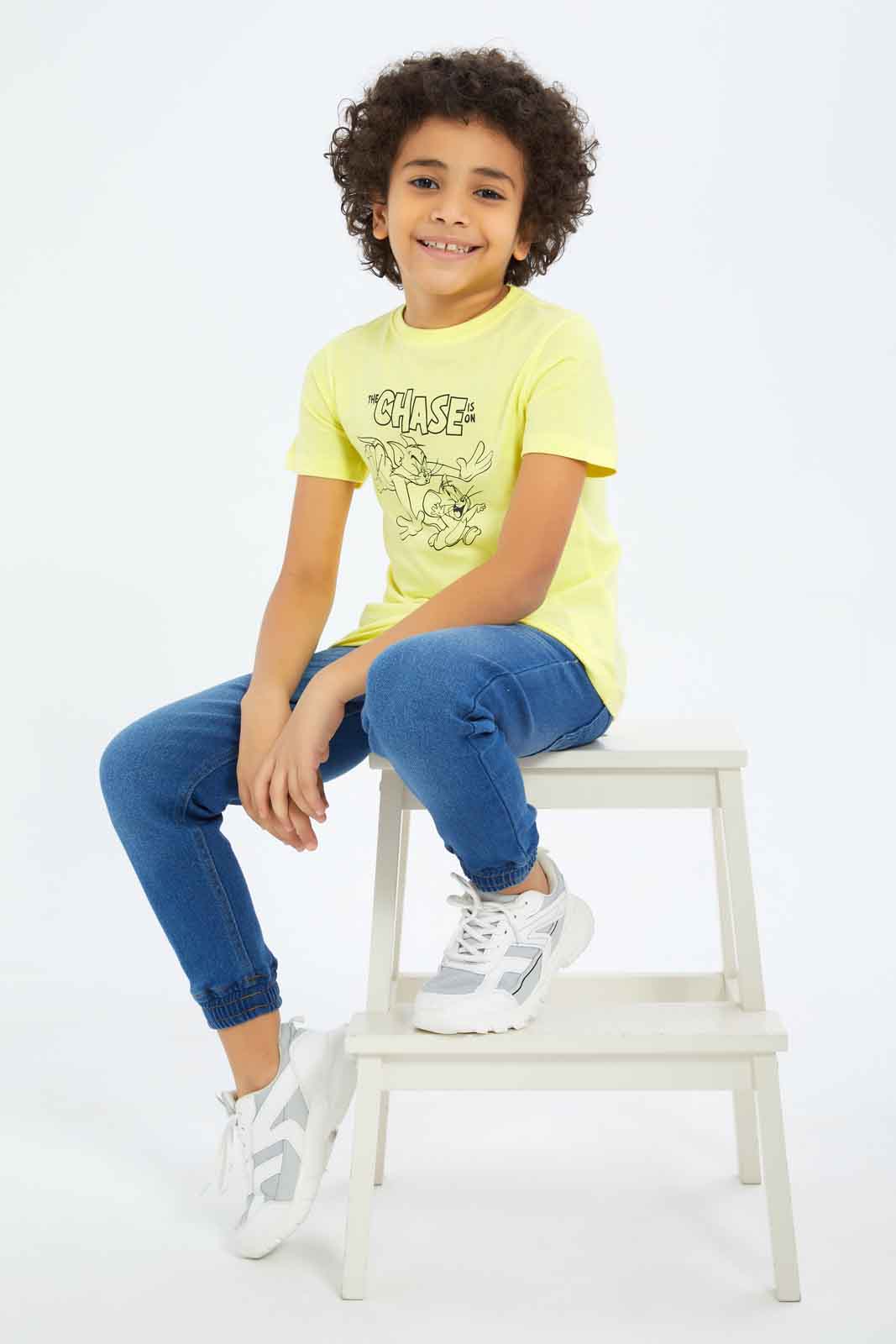Redtag-Boys-Yellow-Tom-And-Jerry-Short-Sleeve-T-Shirt-BOY-T-Shirts,-Category:T-Shirts,-CHA,-Colour:Yellow,-Deals:New-In,-Dept:Boys,-Filter:Boys-(2-to-8-Yrs),-New-In-BOY-APL,-Non-Sale,-S23B,-Section:Boys-(0-to-14Yrs)-Boys-2 to 8 Years