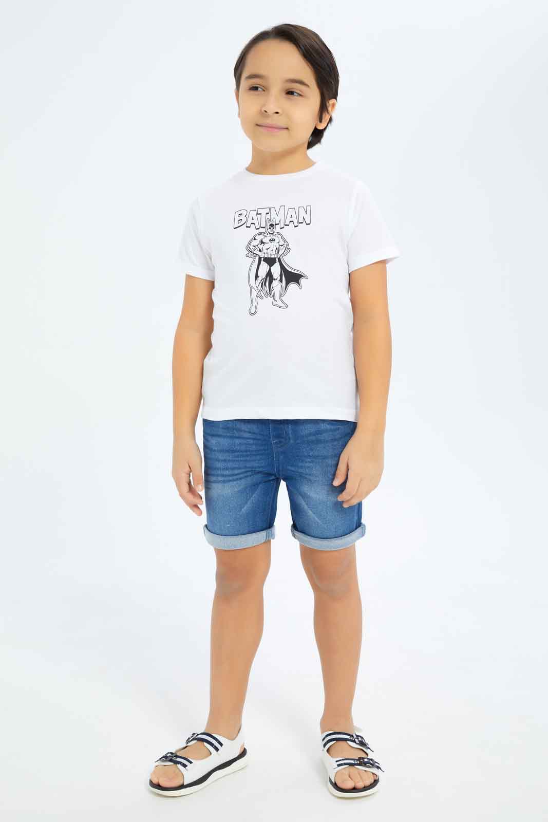Redtag-Boys-White-Batman-Short-Sleeve-T-Shirt-BOY-T-Shirts,-Category:T-Shirts,-CHA,-Colour:White,-Deals:New-In,-Dept:Boys,-Filter:Boys-(2-to-8-Yrs),-New-In-BOY-APL,-Non-Sale,-S23B,-Section:Boys-(0-to-14Yrs)-Boys-2 to 8 Years