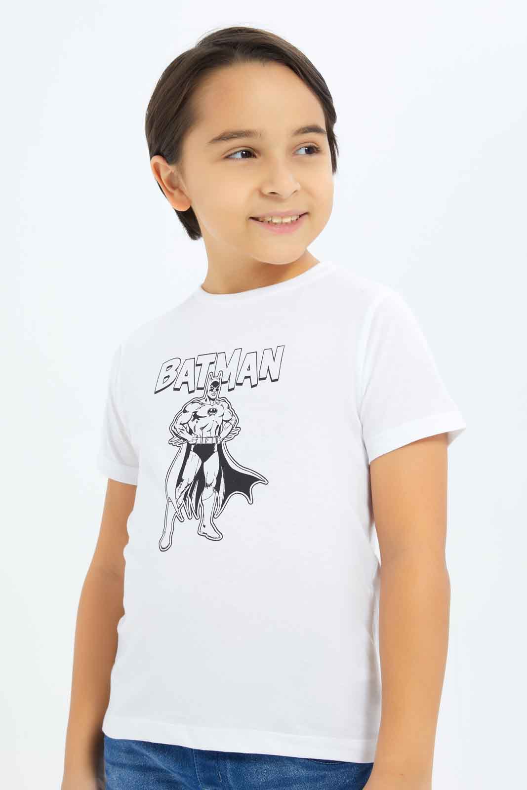 Redtag-Boys-White-Batman-Short-Sleeve-T-Shirt-BOY-T-Shirts,-Category:T-Shirts,-CHA,-Colour:White,-Deals:New-In,-Dept:Boys,-Filter:Boys-(2-to-8-Yrs),-New-In-BOY-APL,-Non-Sale,-S23B,-Section:Boys-(0-to-14Yrs)-Boys-2 to 8 Years