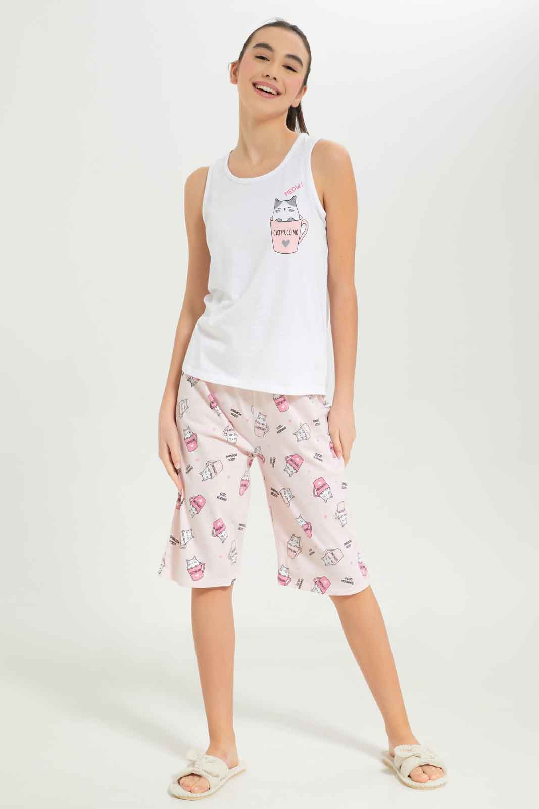Redtag-Girls-White-Cat-Basic-Pj-Set-Category:Pyjama-Sets,-Colour:White,-Deals:New-In,-Dept:Girls,-Filter:Senior-Girls-(8-to-14-Yrs),-GSR-Pyjama-Sets,-New-In-GSR-APL,-Non-Sale,-S23B,-Section:Girls-(0-to-14Yrs)-Senior-Girls-9 to 14 Years