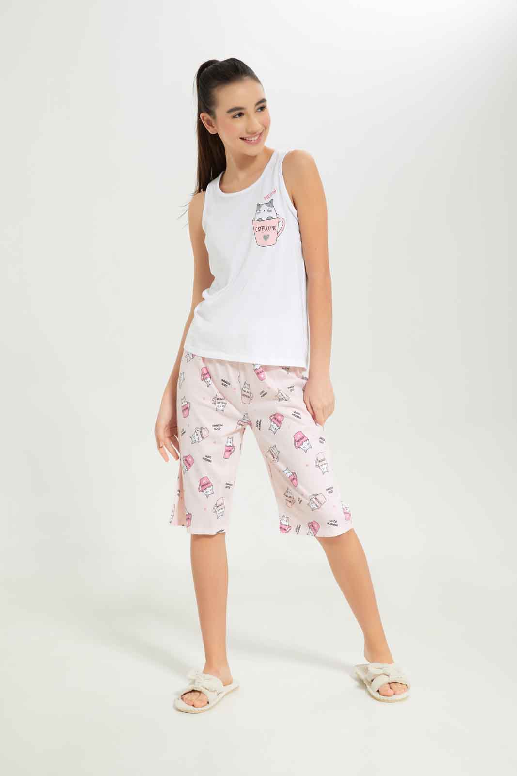 Redtag-Girls-White-Cat-Basic-Pj-Set-Category:Pyjama-Sets,-Colour:White,-Deals:New-In,-Dept:Girls,-Filter:Senior-Girls-(8-to-14-Yrs),-GSR-Pyjama-Sets,-New-In-GSR-APL,-Non-Sale,-S23B,-Section:Girls-(0-to-14Yrs)-Senior-Girls-9 to 14 Years