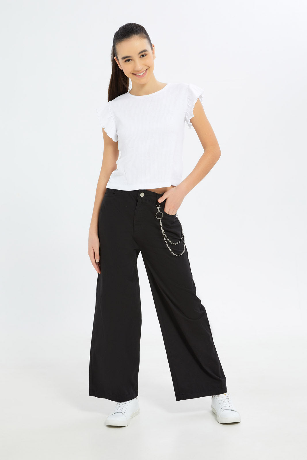 Redtag-Girls-Black-Wideleg-Twill-Pant-With-Chain-Category:Jeans,-Colour:Black,-Deals:New-In,-Dept:Girls,-Filter:Senior-Girls-(8-to-14-Yrs),-GSR-Jeans,-H1:KWR,-H2:GSR,-H3:DNB,-H4:JNS,-New-In-GSR-APL,-Non-Sale,-S23B,-Season:S23B,-Section:Girls-(0-to-14Yrs)-Senior-Girls-9 to 14 Years