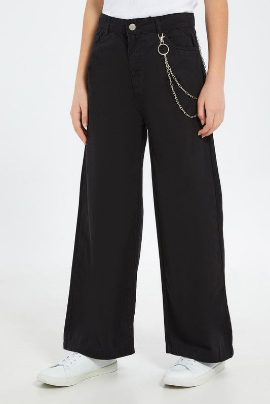 Redtag-Girls-Black-Wideleg-Twill-Pant-With-Chain-Category:Jeans,-Colour:Black,-Deals:New-In,-Dept:Girls,-Filter:Senior-Girls-(8-to-14-Yrs),-GSR-Jeans,-H1:KWR,-H2:GSR,-H3:DNB,-H4:JNS,-New-In-GSR-APL,-Non-Sale,-S23B,-Season:S23B,-Section:Girls-(0-to-14Yrs)-Senior-Girls-9 to 14 Years