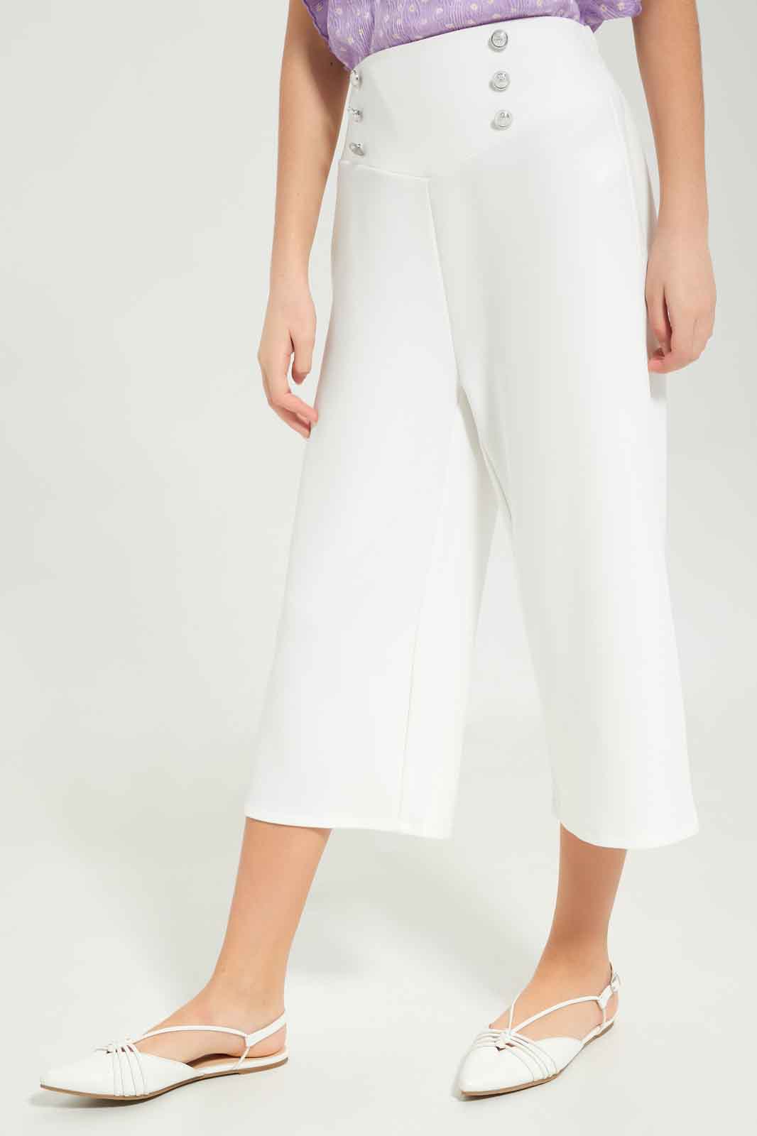 Redtag-Girls-White-Culottes-W/-Silver-Buttons-Category:Trousers,-Colour:White,-Deals:New-In,-Dept:Girls,-Filter:Senior-Girls-(8-to-14-Yrs),-GSR-Trousers,-New-In-GSR-APL,-Non-Sale,-S23B,-Section:Girls-(0-to-14Yrs)-Senior-Girls-9 to 14 Years