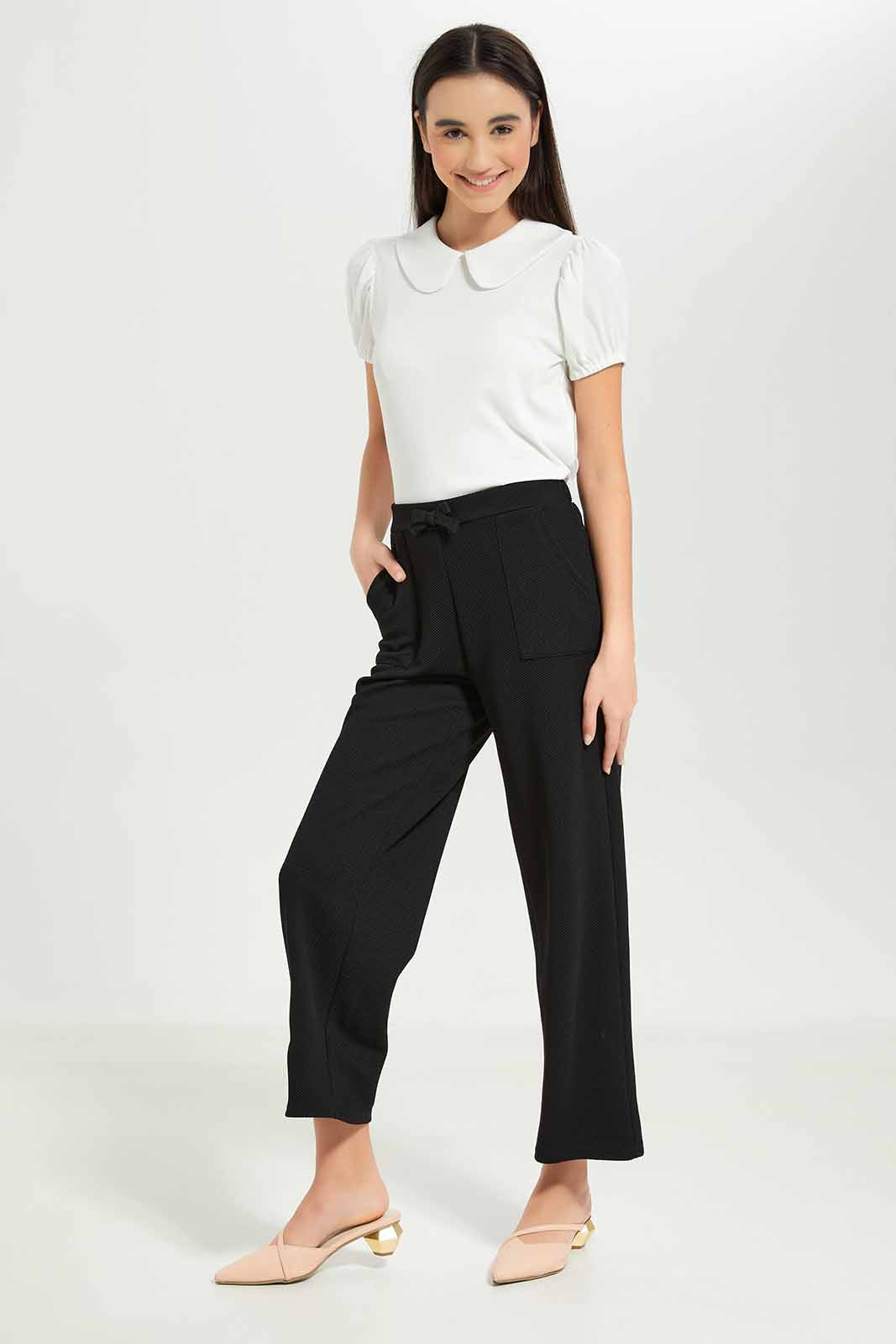 Redtag-Girls-Black-Jacquard-Culottes-Category:Trousers,-Colour:Black,-Deals:New-In,-Dept:Girls,-Filter:Senior-Girls-(8-to-14-Yrs),-GSR-Trousers,-New-In-GSR-APL,-Non-Sale,-S23B,-Section:Girls-(0-to-14Yrs)-Senior-Girls-9 to 14 Years