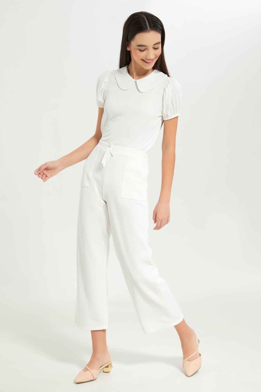 Redtag-Girls-White-Jacquard-Culottes-Category:Trousers,-Colour:White,-Deals:New-In,-Dept:Girls,-Filter:Senior-Girls-(8-to-14-Yrs),-GSR-Trousers,-New-In-GSR-APL,-Non-Sale,-S23B,-Section:Girls-(0-to-14Yrs)-Senior-Girls-9 to 14 Years