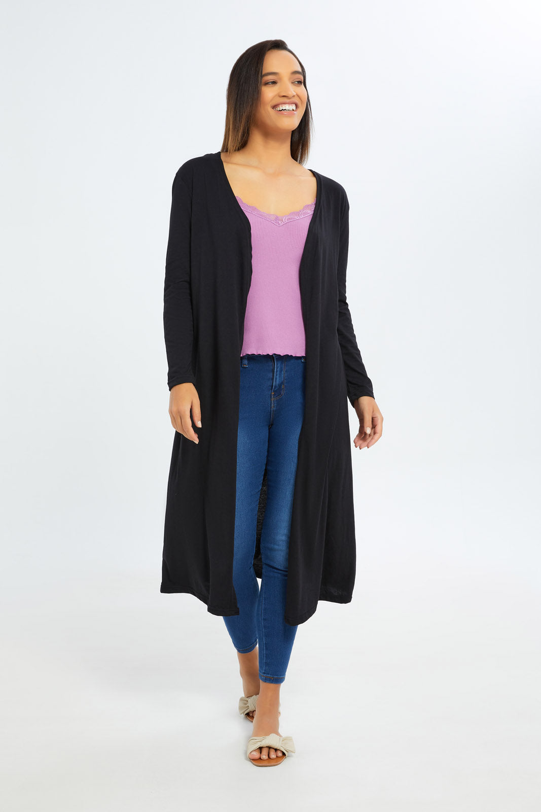 Redtag-Women-Black-Long-3/4-Sleeve-Cardigan-Category:T-Shirts,-Colour:Black,-Deals:2-FOR-90,-Deals:New-In,-Dept:Ladieswear,-Filter:Women's-Clothing,-H1:LWR,-H2:LAD,-H3:SPW,-H4:ATS,-New-In-Women-APL,-Non-Sale,-S23A,-Season:S23A,-Section:Women,-Women-T-Shirts-Women's-