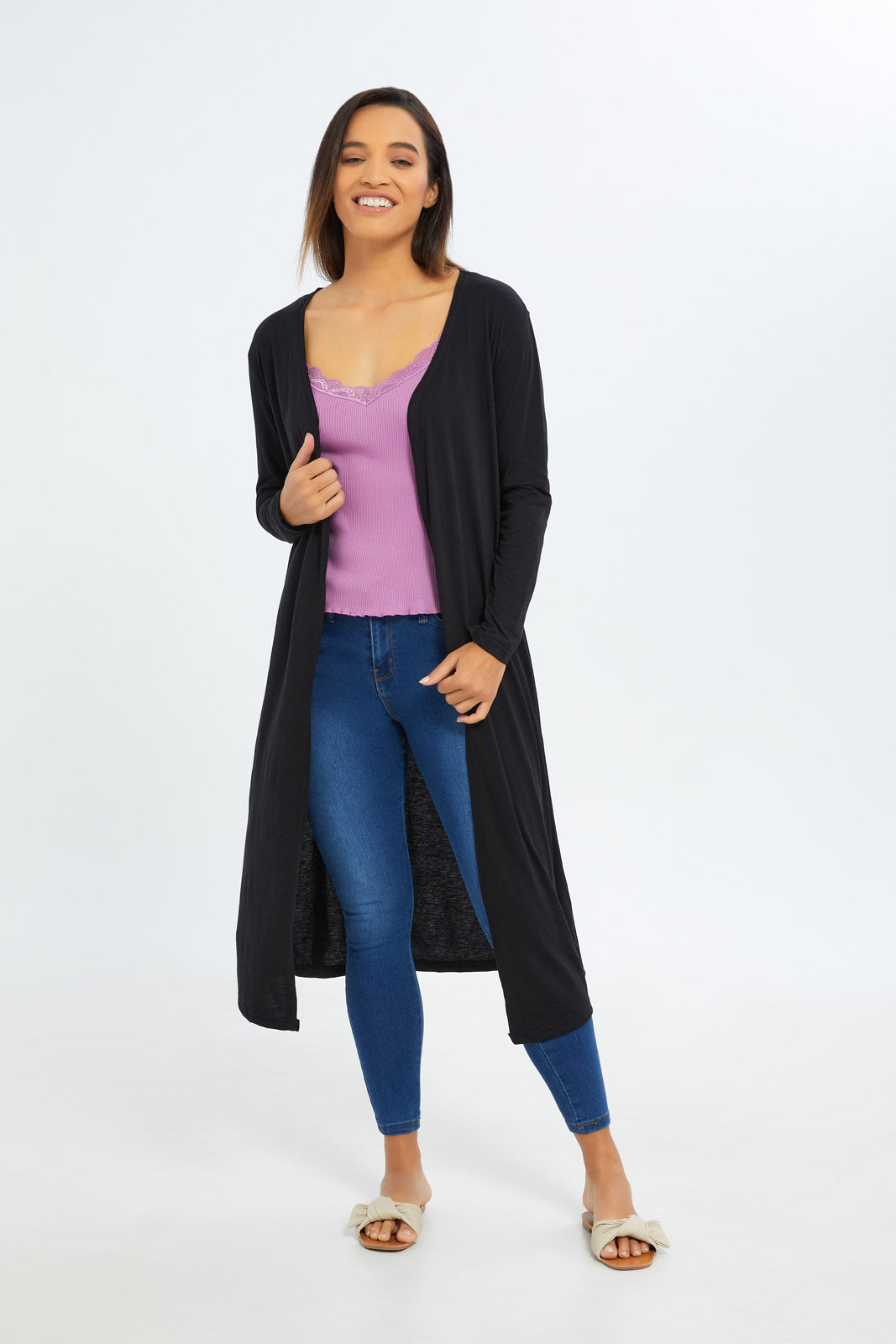 Redtag-Women-Black-Long-3/4-Sleeve-Cardigan-Category:T-Shirts,-Colour:Black,-Deals:2-FOR-90,-Deals:New-In,-Dept:Ladieswear,-Filter:Women's-Clothing,-H1:LWR,-H2:LAD,-H3:SPW,-H4:ATS,-New-In-Women-APL,-Non-Sale,-S23A,-Season:S23A,-Section:Women,-Women-T-Shirts-Women's-