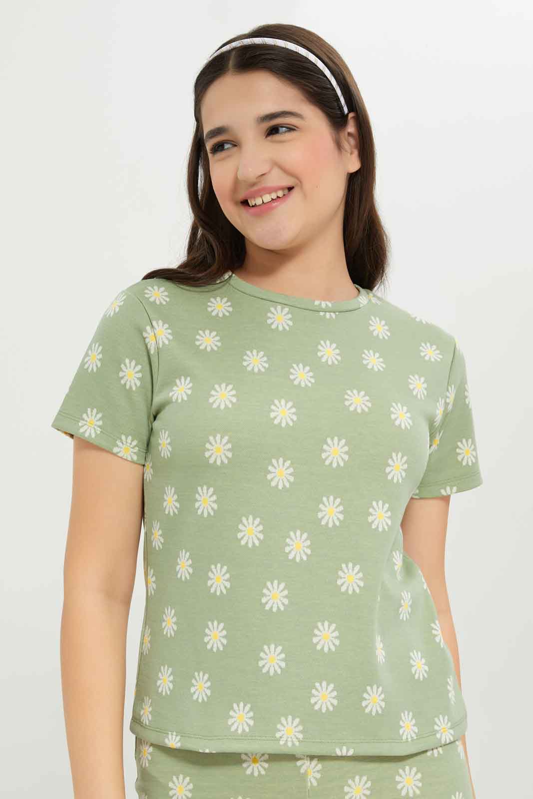Redtag-Girls-Sage-Floral-Jacquard-Top-Category:T-Shirts,-Colour:Green,-Deals:New-In,-Dept:Girls,-Filter:Senior-Girls-(8-to-14-Yrs),-GSR-T-Shirts,-New-In-GSR-APL,-Non-Sale,-S23B,-Section:Girls-(0-to-14Yrs),-TBL-Senior-Girls-9 to 14 Years