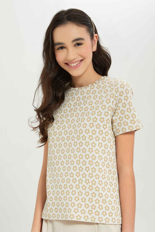Redtag-Girls-Beige/White-Flower-Jacquard-Top-Category:T-Shirts,-Colour:Beige,-Deals:New-In,-Dept:Girls,-Filter:Senior-Girls-(8-to-14-Yrs),-GSR-T-Shirts,-New-In-GSR-APL,-Non-Sale,-S23B,-Section:Girls-(0-to-14Yrs),-TBL-Senior-Girls-9 to 14 Years