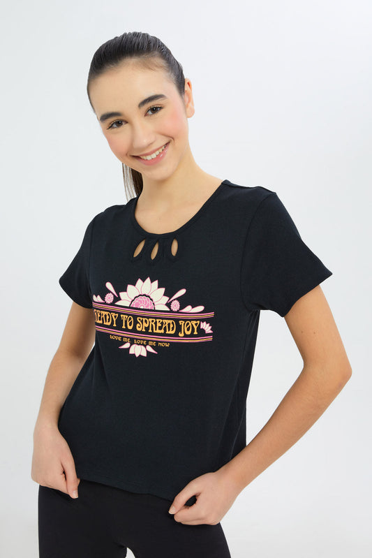 Redtag-Girls-Black-Rib-Top-W/-Chest-Print-And-Cut-Out-Category:T-Shirts,-Colour:Black,-Deals:New-In,-Dept:Girls,-Filter:Senior-Girls-(8-to-14-Yrs),-GSR-T-Shirts,-H1:KWR,-H2:GSR,-H3:TSH,-H4:CAT,-New-In-GSR-APL,-Non-Sale,-Promo:TBL,-S23B,-Season:S23B,-Section:Girls-(0-to-14Yrs),-TBL-Senior-Girls-9 to 14 Years
