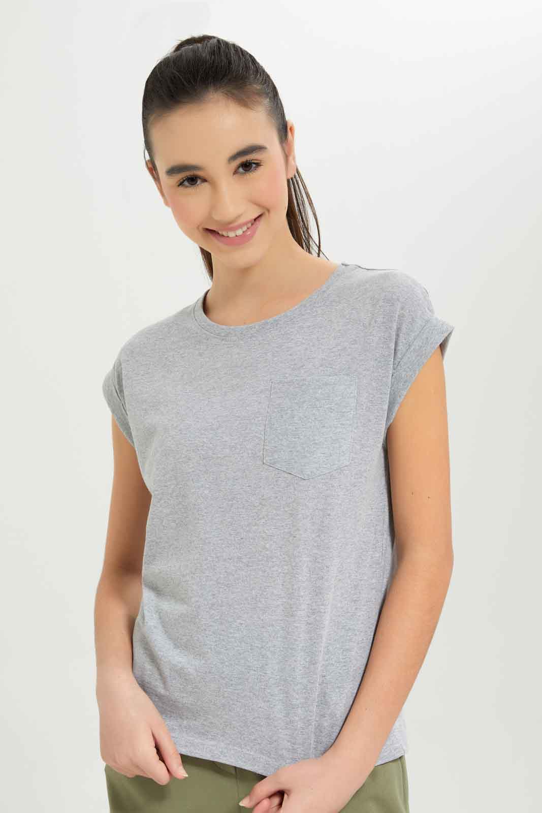 Redtag-Girls-Grey-Melange-S/S-Solid-T-Shirt-W/-Pocket-Category:T-Shirts,-Colour:Grey,-Deals:New-In,-Dept:Girls,-Filter:Senior-Girls-(8-to-14-Yrs),-GSR-T-Shirts,-New-In-GSR-APL,-Non-Sale,-S23B,-Section:Girls-(0-to-14Yrs),-TBL-Senior-Girls-9 to 14 Years