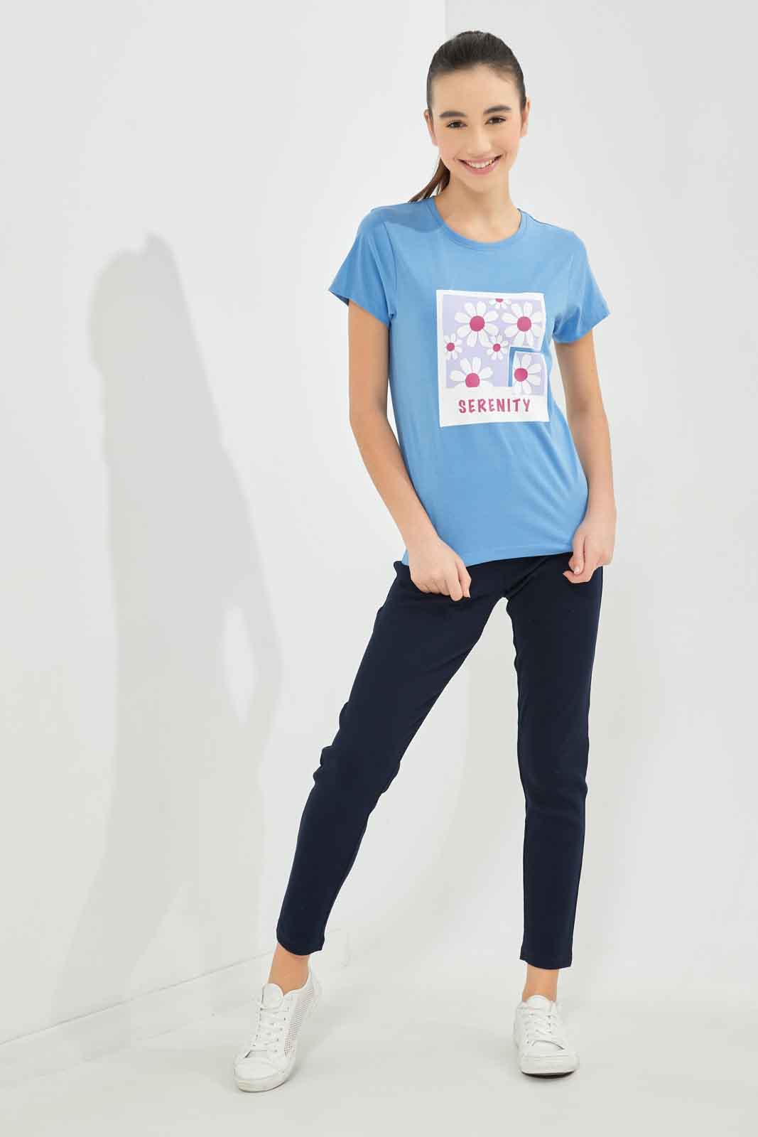 Redtag-Girls-Blue-S/S-Graphic-T-Shirt-Category:T-Shirts,-Colour:Blue,-Deals:New-In,-Dept:Girls,-Filter:Senior-Girls-(8-to-14-Yrs),-GSR-T-Shirts,-New-In-GSR-APL,-Non-Sale,-S23B,-Section:Girls-(0-to-14Yrs),-TBL-Senior-Girls-9 to 14 Years