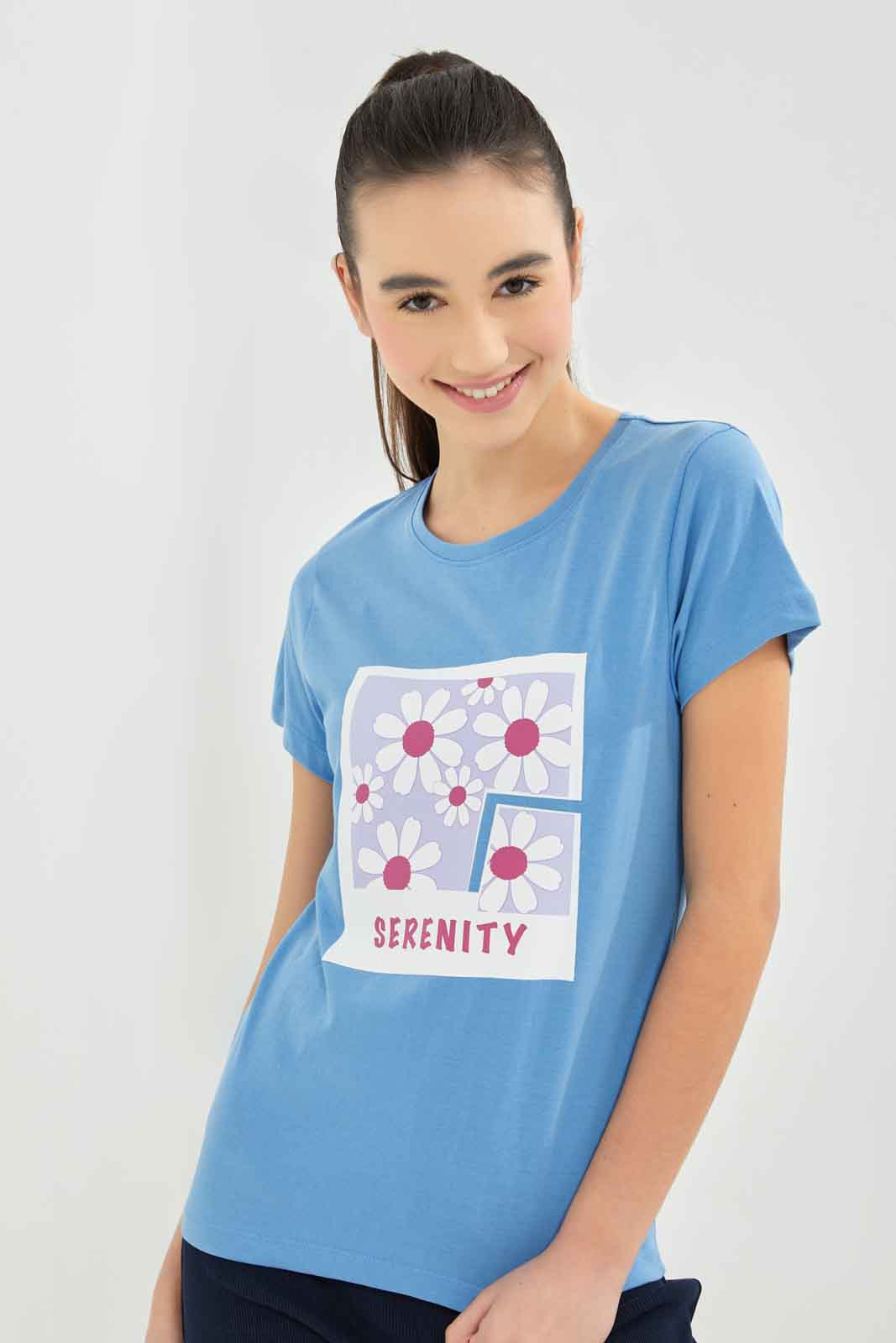 Redtag-Girls-Blue-S/S-Graphic-T-Shirt-Category:T-Shirts,-Colour:Blue,-Deals:New-In,-Dept:Girls,-Filter:Senior-Girls-(8-to-14-Yrs),-GSR-T-Shirts,-New-In-GSR-APL,-Non-Sale,-S23B,-Section:Girls-(0-to-14Yrs),-TBL-Senior-Girls-9 to 14 Years