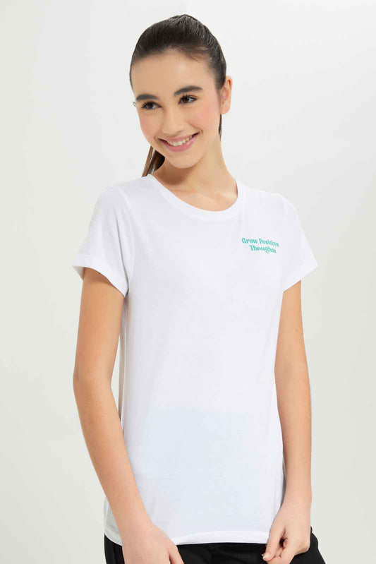 Redtag-Girls-White-S/S-Graphic-T-Shirt-Category:T-Shirts,-Colour:White,-Deals:New-In,-Dept:Girls,-Filter:Senior-Girls-(8-to-14-Yrs),-GSR-T-Shirts,-New-In-GSR-APL,-Non-Sale,-S23B,-Section:Girls-(0-to-14Yrs),-TBL-Senior-Girls-9 to 14 Years