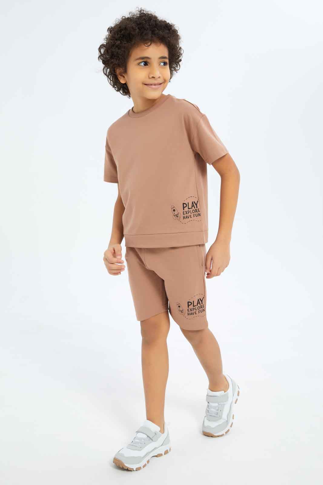 Redtag-Boys-Brown-Elasticated-Waist-Shorts-BOY-Shorts,-Category:Shorts,-Colour:Brown,-Deals:New-In,-Dept:Boys,-Filter:Boys-(2-to-8-Yrs),-New-In-BOY-APL,-Non-Sale,-S23B,-Section:Boys-(0-to-14Yrs)-Boys-2 to 8 Years