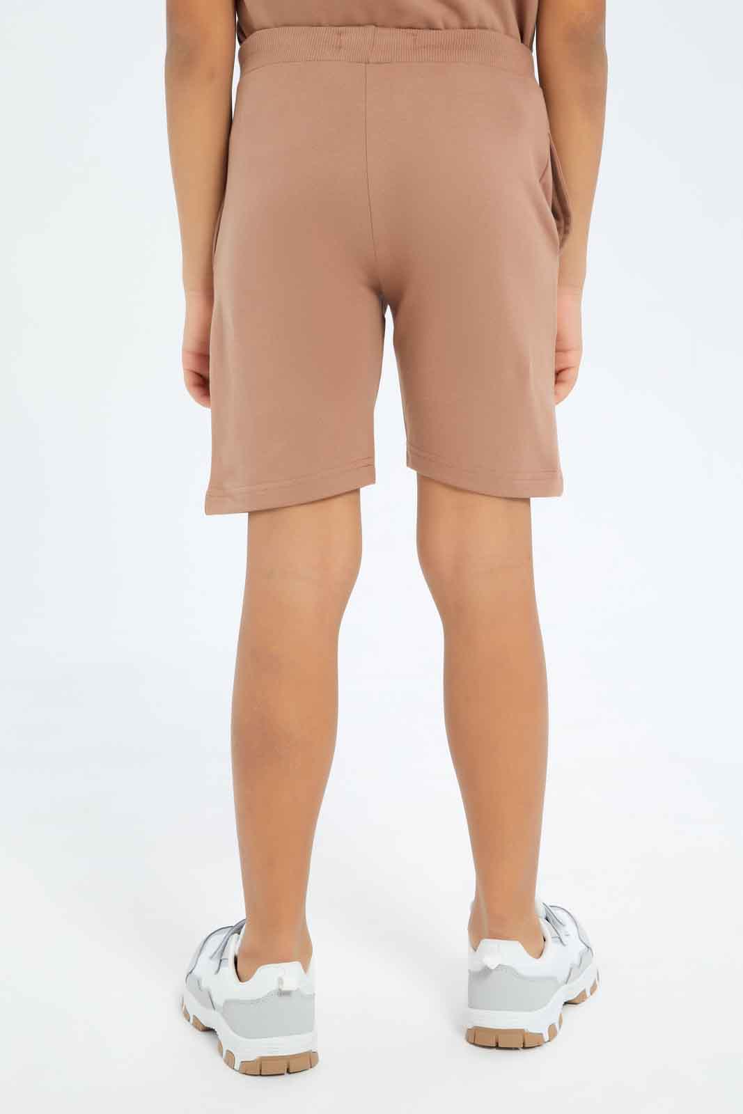Redtag-Boys-Brown-Elasticated-Waist-Shorts-BOY-Shorts,-Category:Shorts,-Colour:Brown,-Deals:New-In,-Dept:Boys,-Filter:Boys-(2-to-8-Yrs),-New-In-BOY-APL,-Non-Sale,-S23B,-Section:Boys-(0-to-14Yrs)-Boys-2 to 8 Years