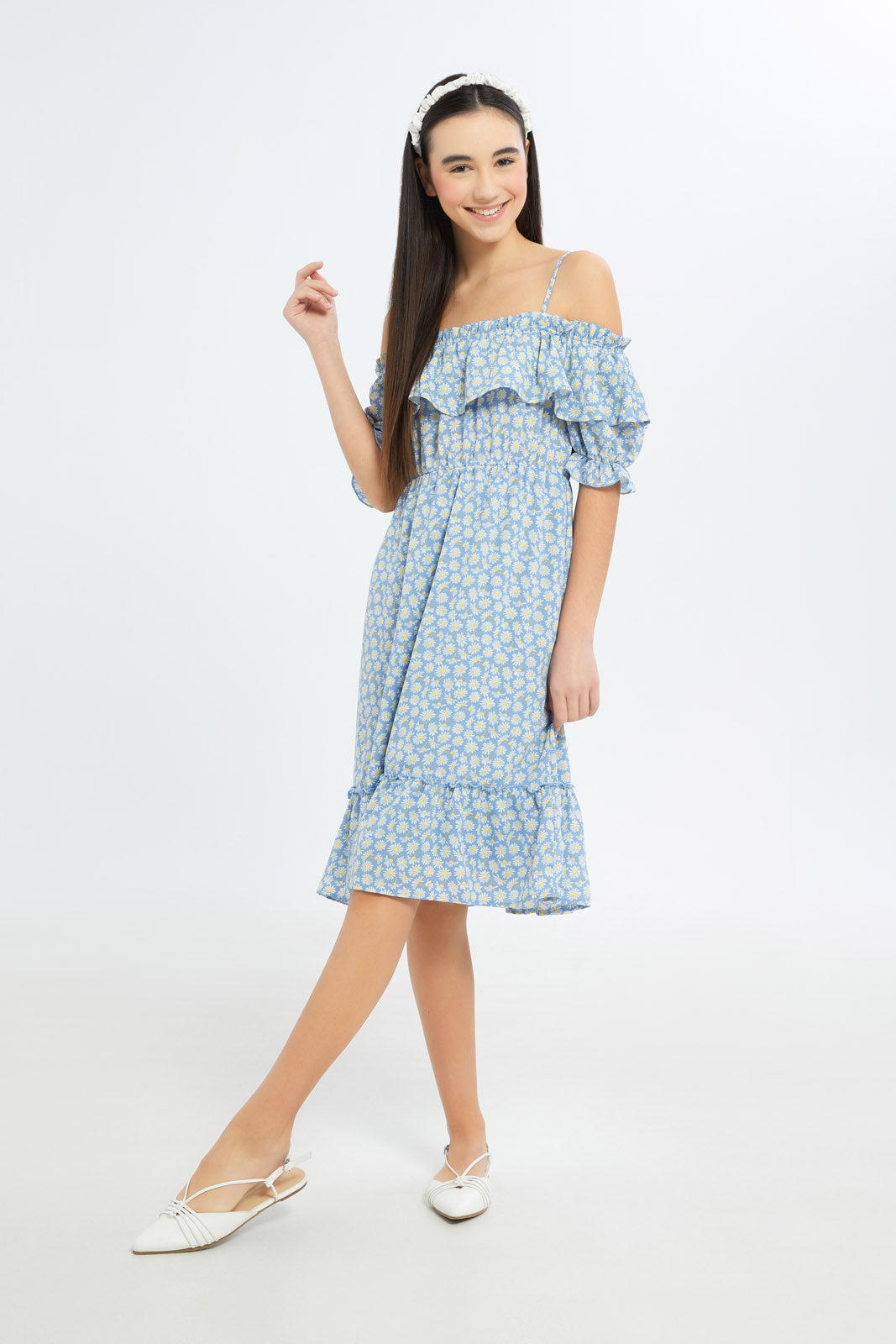 Redtag-Girls-Blue-Floral-Off-Shoulder-Dress-Category:Dresses,-Colour:Assorted,-Deals:New-In,-Dept:Girls,-Filter:Senior-Girls-(8-to-14-Yrs),-GSR-Dresses,-H1:KWR,-H2:GSR,-H3:DRS,-H4:CAD,-New-In-GSR-APL,-Non-Sale,-S23B,-Season:S23B,-Section:Girls-(0-to-14Yrs)Dress-Size:Short-Dress-Senior-Girls-9 to 14 Years