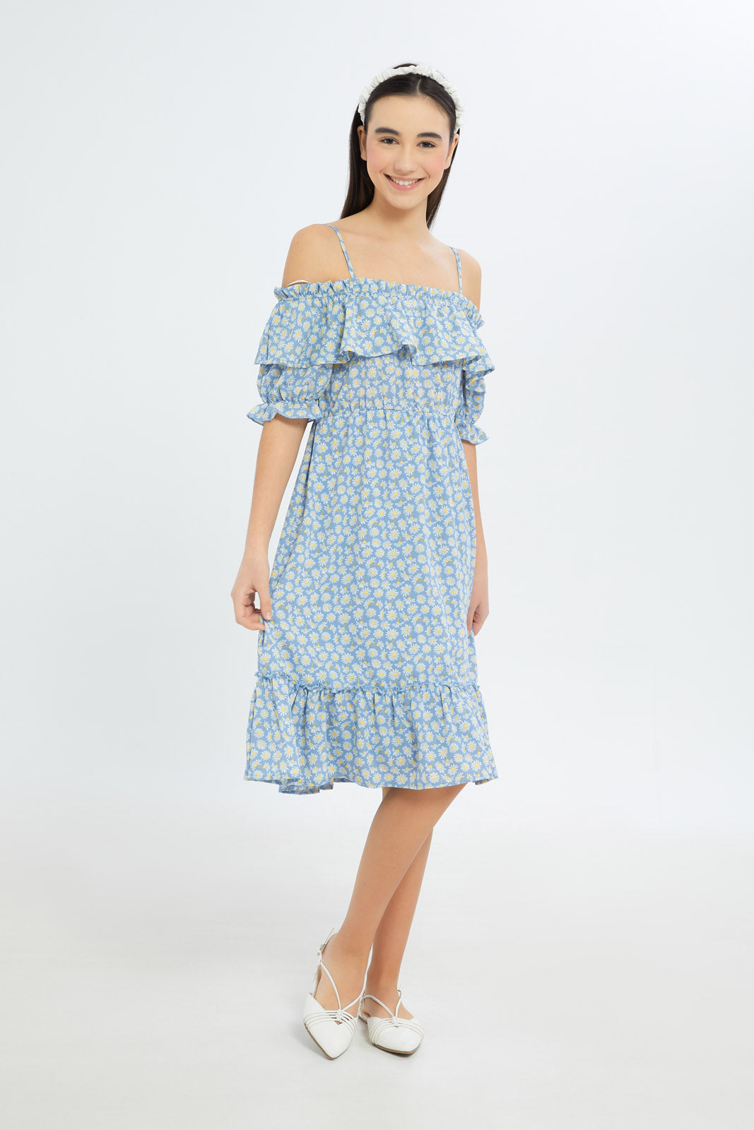 Redtag-Girls-Blue-Floral-Off-Shoulder-Dress-Category:Dresses,-Colour:Assorted,-Deals:New-In,-Dept:Girls,-Filter:Senior-Girls-(8-to-14-Yrs),-GSR-Dresses,-H1:KWR,-H2:GSR,-H3:DRS,-H4:CAD,-New-In-GSR-APL,-Non-Sale,-S23B,-Season:S23B,-Section:Girls-(0-to-14Yrs)Dress-Size:Short-Dress-Senior-Girls-9 to 14 Years