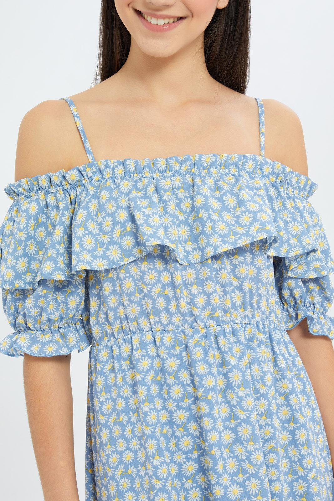 Redtag-Girls-Blue-Floral-Off-Shoulder-Dress-Category:Dresses,-Colour:Assorted,-Deals:New-In,-Dept:Girls,-Filter:Senior-Girls-(8-to-14-Yrs),-GSR-Dresses,-H1:KWR,-H2:GSR,-H3:DRS,-H4:CAD,-New-In-GSR-APL,-Non-Sale,-S23B,-Season:S23B,-Section:Girls-(0-to-14Yrs)Dress-Size:Short-Dress-Senior-Girls-9 to 14 Years
