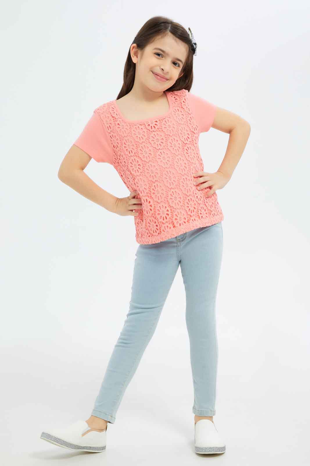 Redtag-Girls-Crotched-Blouse---Cream-&-Coral-Category:Blouses,-Colour:Apricot,-Deals:New-In,-Dept:Girls,-Filter:Girls-(2-to-8-Yrs),-GIR-Blouses,-New-In-GIR-APL,-Non-Sale,-S23B,-Section:Girls-(0-to-14Yrs)--