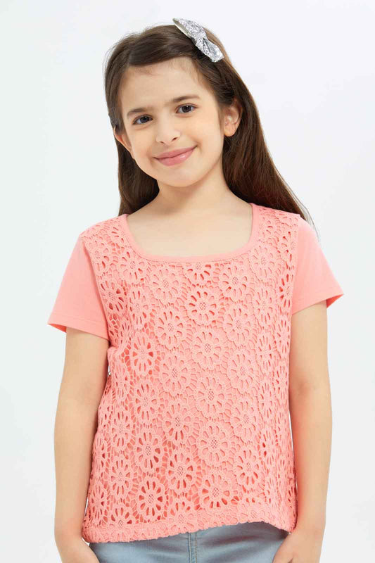 Redtag-Girls-Crotched-Blouse---Cream-&-Coral-Category:Blouses,-Colour:Apricot,-Deals:New-In,-Dept:Girls,-Filter:Girls-(2-to-8-Yrs),-GIR-Blouses,-New-In-GIR-APL,-Non-Sale,-S23B,-Section:Girls-(0-to-14Yrs)--