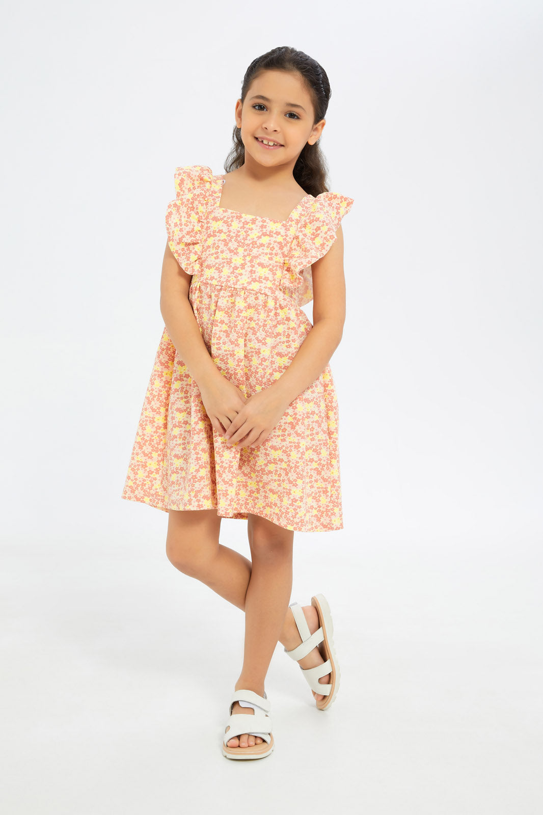 Redtag-Girls-Ruffle-Textured-Knit-Dress-Yellow/Red-Floral-Category:Dresses,-Colour:Red,-Deals:2-FOR-69,-Deals:New-In,-Dept:Girls,-Filter:Girls-(2-to-8-Yrs),-GIR-Dresses,-H1:KWR,-H2:GIR,-H3:DRS,-H4:CAD,-New-In-GIR-APL,-Non-Sale,-S23B,-Season:S23B,-Section:Girls-(0-to-14Yrs)-Girls-2 to 8 Years