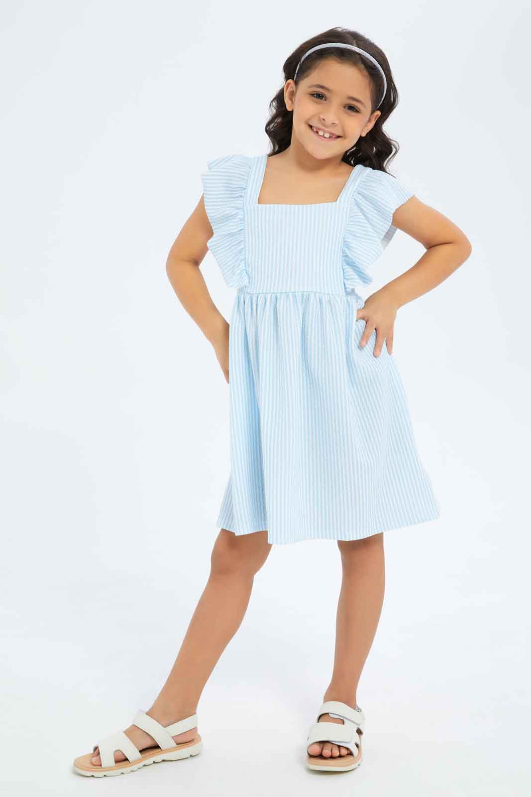 Redtag-Girls-Ruffle-Textured-Knit-Dress-Blue-Stripe-Category:Dresses,-Colour:Blue,-Deals:New-In,-Dept:Girls,-Filter:Girls-(2-to-8-Yrs),-GIR-Dresses,-New-In-GIR-APL,-Non-Sale,-S23B,-Section:Girls-(0-to-14Yrs)-Girls-2 to 8 Years