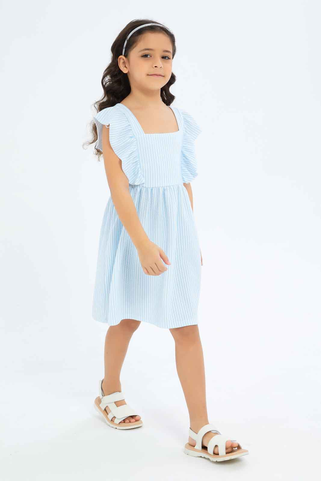 Redtag-Girls-Ruffle-Textured-Knit-Dress-Blue-Stripe-Category:Dresses,-Colour:Blue,-Deals:New-In,-Dept:Girls,-Filter:Girls-(2-to-8-Yrs),-GIR-Dresses,-New-In-GIR-APL,-Non-Sale,-S23B,-Section:Girls-(0-to-14Yrs)-Girls-2 to 8 Years