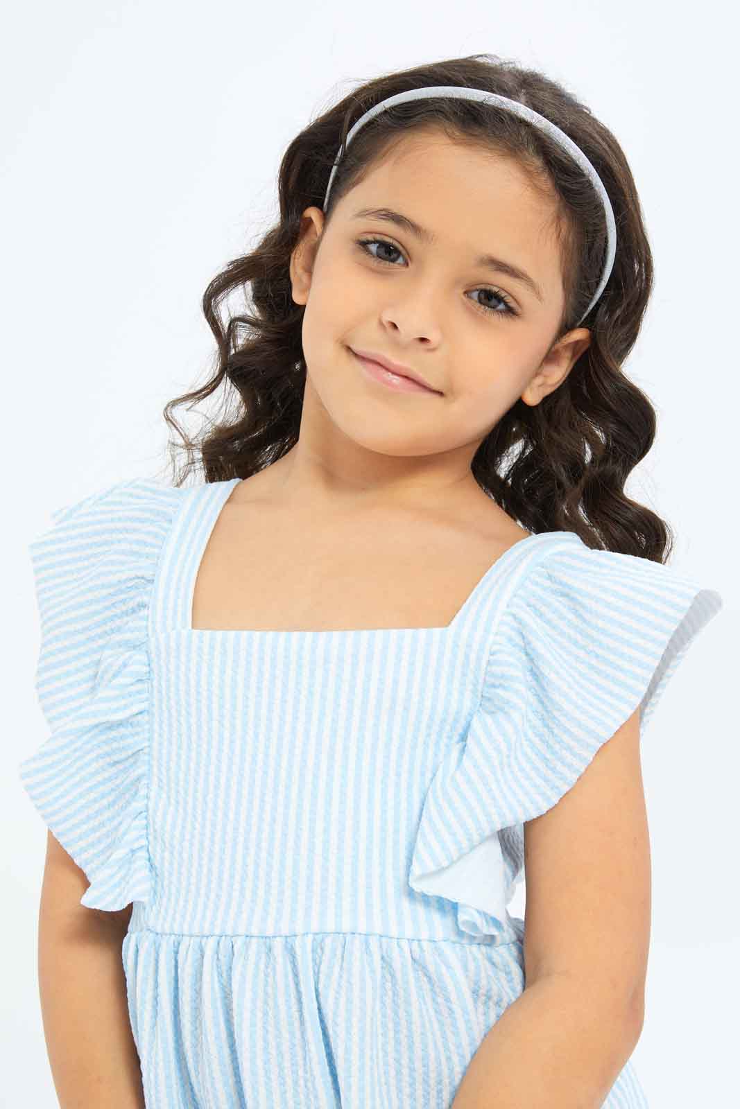 Redtag-Girls-Ruffle-Textured-Knit-Dress-Blue-Stripe-Category:Dresses,-Colour:Blue,-Deals:New-In,-Dept:Girls,-Filter:Girls-(2-to-8-Yrs),-GIR-Dresses,-New-In-GIR-APL,-Non-Sale,-S23B,-Section:Girls-(0-to-14Yrs)-Girls-2 to 8 Years