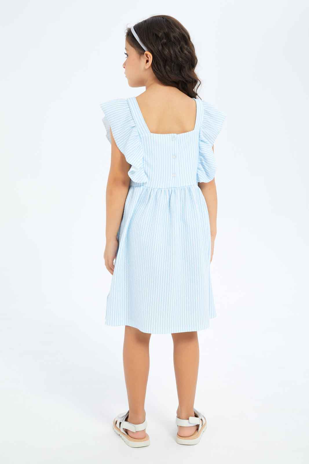 Redtag-Girls-Ruffle-Textured-Knit-Dress-Blue-Stripe-Category:Dresses,-Colour:Blue,-Deals:New-In,-Dept:Girls,-Filter:Girls-(2-to-8-Yrs),-GIR-Dresses,-New-In-GIR-APL,-Non-Sale,-S23B,-Section:Girls-(0-to-14Yrs)-Girls-2 to 8 Years