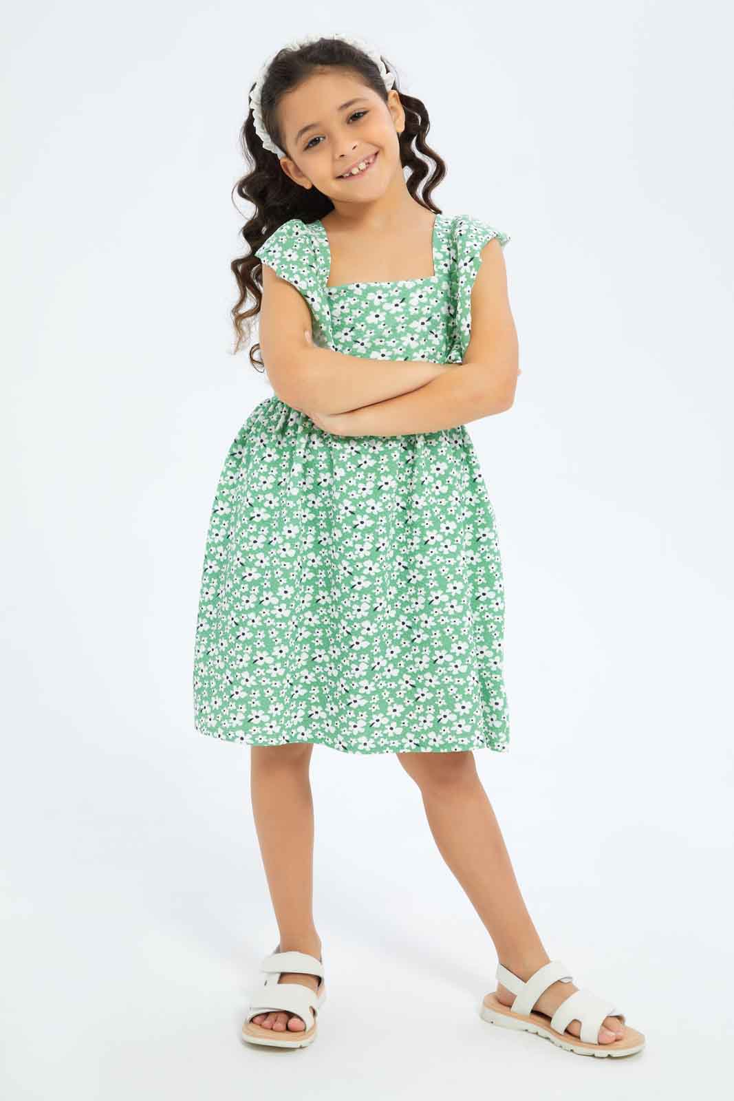 Redtag-Girls-Ruffle-Textured-Knit-Dress-Green-Floral-Category:Dresses,-Colour:Green,-Deals:New-In,-Dept:Girls,-Filter:Girls-(2-to-8-Yrs),-GIR-Dresses,-New-In-GIR-APL,-Non-Sale,-S23B,-Section:Girls-(0-to-14Yrs)-Girls-2 to 8 Years
