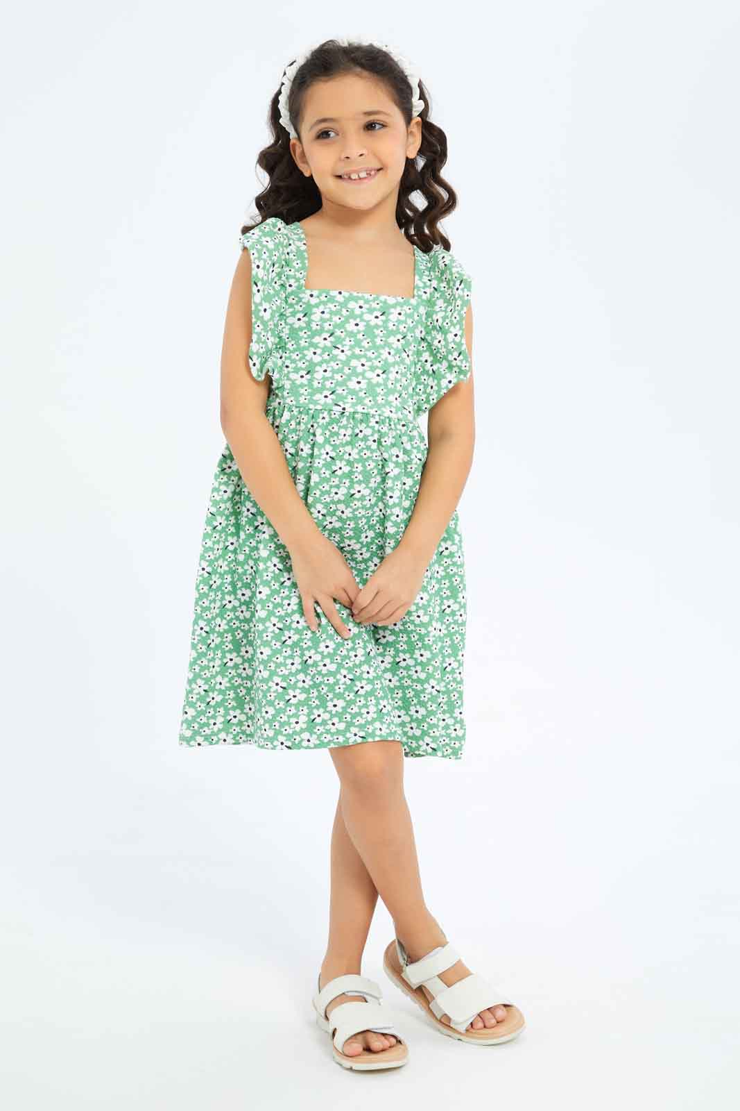 Redtag-Girls-Ruffle-Textured-Knit-Dress-Green-Floral-Category:Dresses,-Colour:Green,-Deals:New-In,-Dept:Girls,-Filter:Girls-(2-to-8-Yrs),-GIR-Dresses,-New-In-GIR-APL,-Non-Sale,-S23B,-Section:Girls-(0-to-14Yrs)-Girls-2 to 8 Years