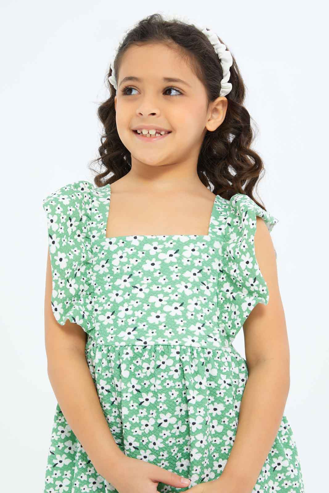 Redtag-Girls-Ruffle-Textured-Knit-Dress-Green-Floral-Category:Dresses,-Colour:Green,-Deals:New-In,-Dept:Girls,-Filter:Girls-(2-to-8-Yrs),-GIR-Dresses,-New-In-GIR-APL,-Non-Sale,-S23B,-Section:Girls-(0-to-14Yrs)-Girls-2 to 8 Years