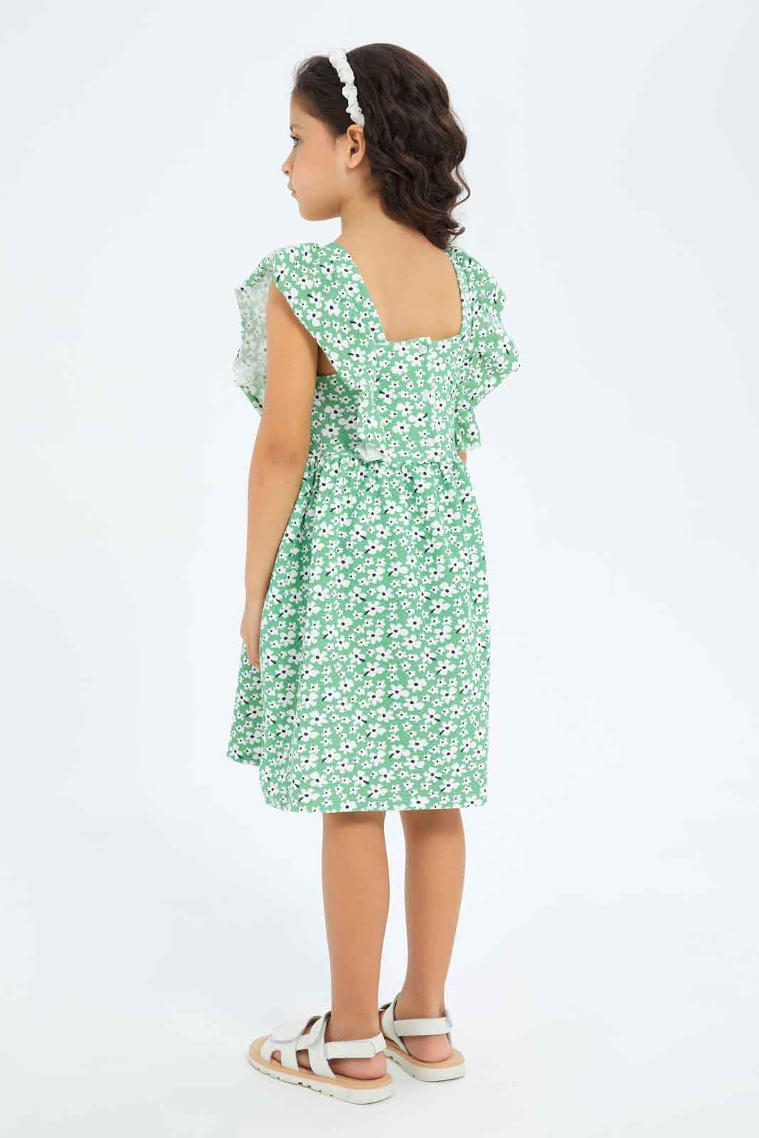 Redtag-Girls-Ruffle-Textured-Knit-Dress-Green-Floral-Category:Dresses,-Colour:Green,-Deals:New-In,-Dept:Girls,-Filter:Girls-(2-to-8-Yrs),-GIR-Dresses,-New-In-GIR-APL,-Non-Sale,-S23B,-Section:Girls-(0-to-14Yrs)-Girls-2 to 8 Years