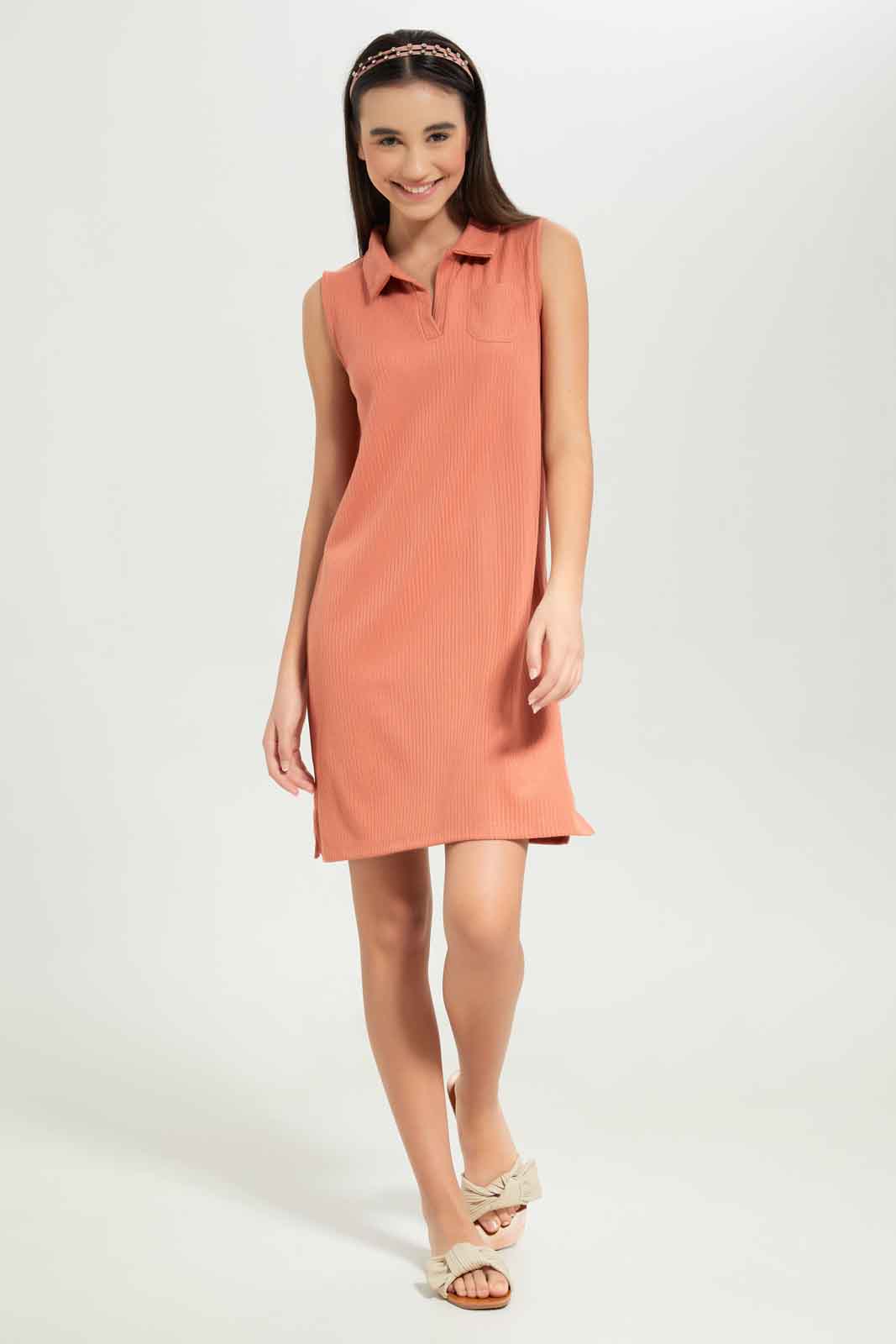 Redtag-Girls-Rust-Sleeveless-Collared-Dress-Category:Dresses,-Colour:Orange,-Deals:New-In,-Dept:Girls,-Filter:Senior-Girls-(8-to-14-Yrs),-GSR-Dresses,-New-In-GSR-APL,-Non-Sale,-S23B,-Section:Girls-(0-to-14Yrs)-Senior-Girls-9 to 14 Years