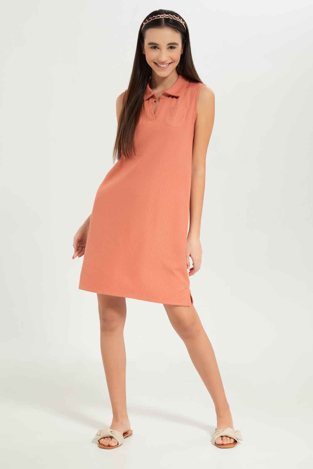 Redtag-Girls-Rust-Sleeveless-Collared-Dress-Category:Dresses,-Colour:Orange,-Deals:New-In,-Dept:Girls,-Filter:Senior-Girls-(8-to-14-Yrs),-GSR-Dresses,-New-In-GSR-APL,-Non-Sale,-S23B,-Section:Girls-(0-to-14Yrs)-Senior-Girls-9 to 14 Years