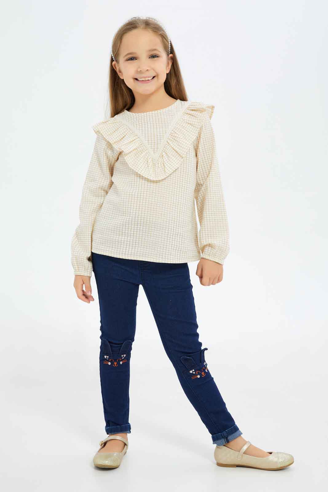 Redtag-Girls-Y/D-Check-L/S-Frilled-Yoke-Blouse---Beige-Category:Blouses,-Colour:Beige,-Deals:New-In,-Dept:Girls,-Filter:Girls-(2-to-8-Yrs),-GIR-Blouses,-New-In-GIR-APL,-Non-Sale,-S23B,-Section:Girls-(0-to-14Yrs)-Girls-2 to 8 Years