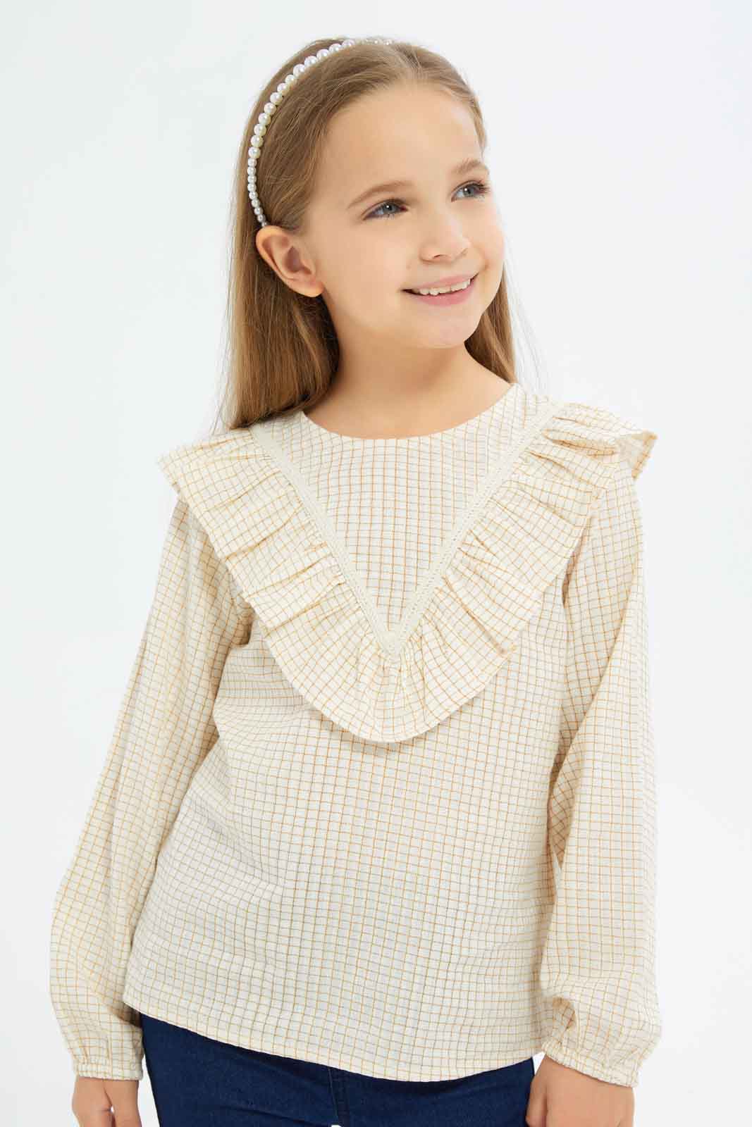 Redtag-Girls-Y/D-Check-L/S-Frilled-Yoke-Blouse---Beige-Category:Blouses,-Colour:Beige,-Deals:New-In,-Dept:Girls,-Filter:Girls-(2-to-8-Yrs),-GIR-Blouses,-New-In-GIR-APL,-Non-Sale,-S23B,-Section:Girls-(0-to-14Yrs)-Girls-2 to 8 Years