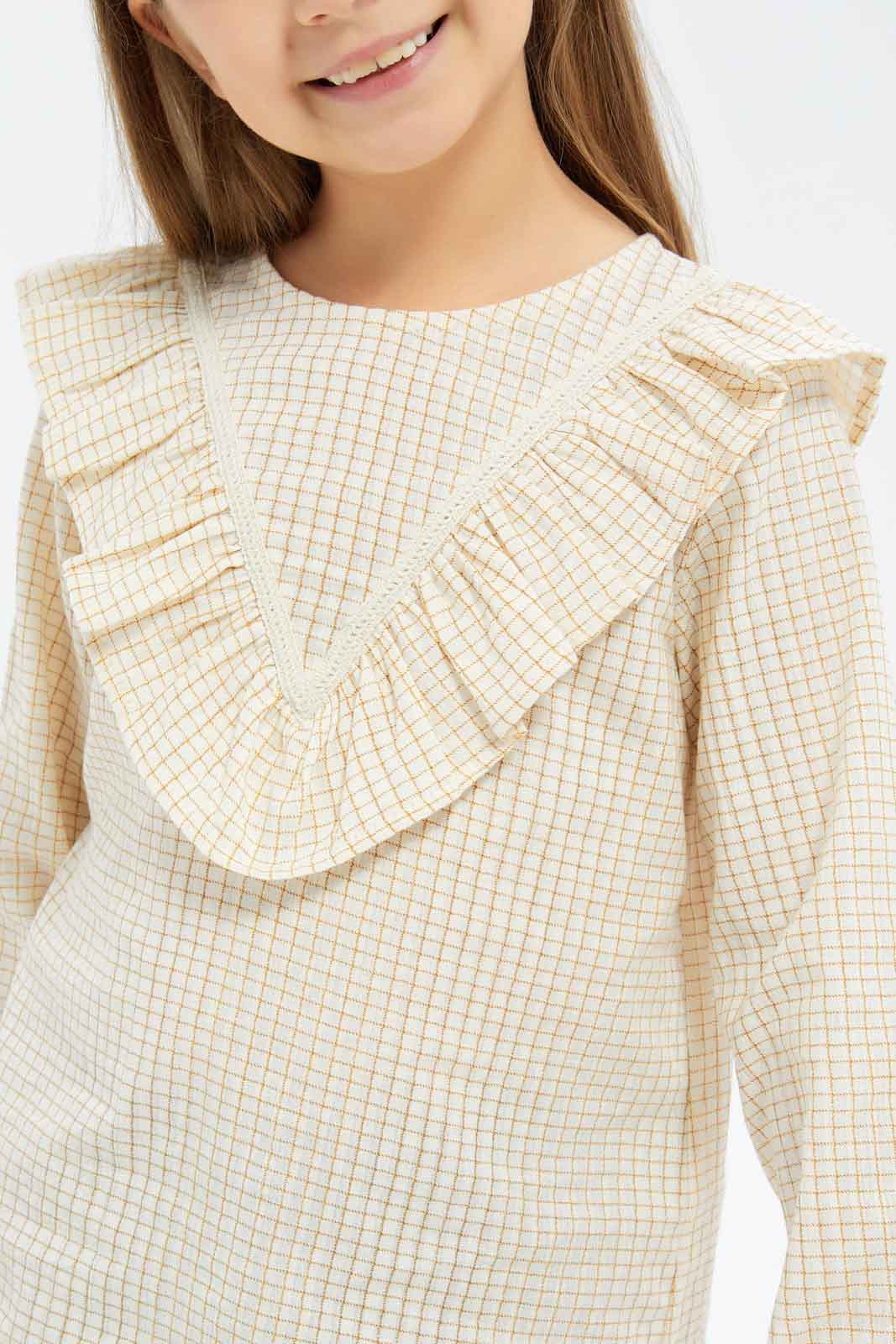 Redtag-Girls-Y/D-Check-L/S-Frilled-Yoke-Blouse---Beige-Category:Blouses,-Colour:Beige,-Deals:New-In,-Dept:Girls,-Filter:Girls-(2-to-8-Yrs),-GIR-Blouses,-New-In-GIR-APL,-Non-Sale,-S23B,-Section:Girls-(0-to-14Yrs)-Girls-2 to 8 Years