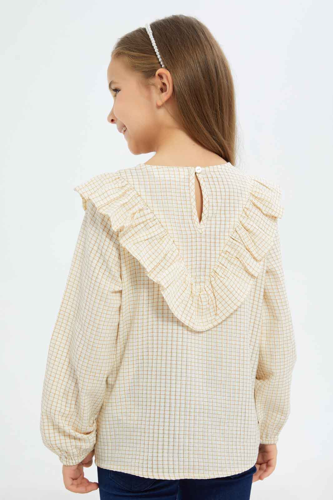 Redtag-Girls-Y/D-Check-L/S-Frilled-Yoke-Blouse---Beige-Category:Blouses,-Colour:Beige,-Deals:New-In,-Dept:Girls,-Filter:Girls-(2-to-8-Yrs),-GIR-Blouses,-New-In-GIR-APL,-Non-Sale,-S23B,-Section:Girls-(0-to-14Yrs)-Girls-2 to 8 Years