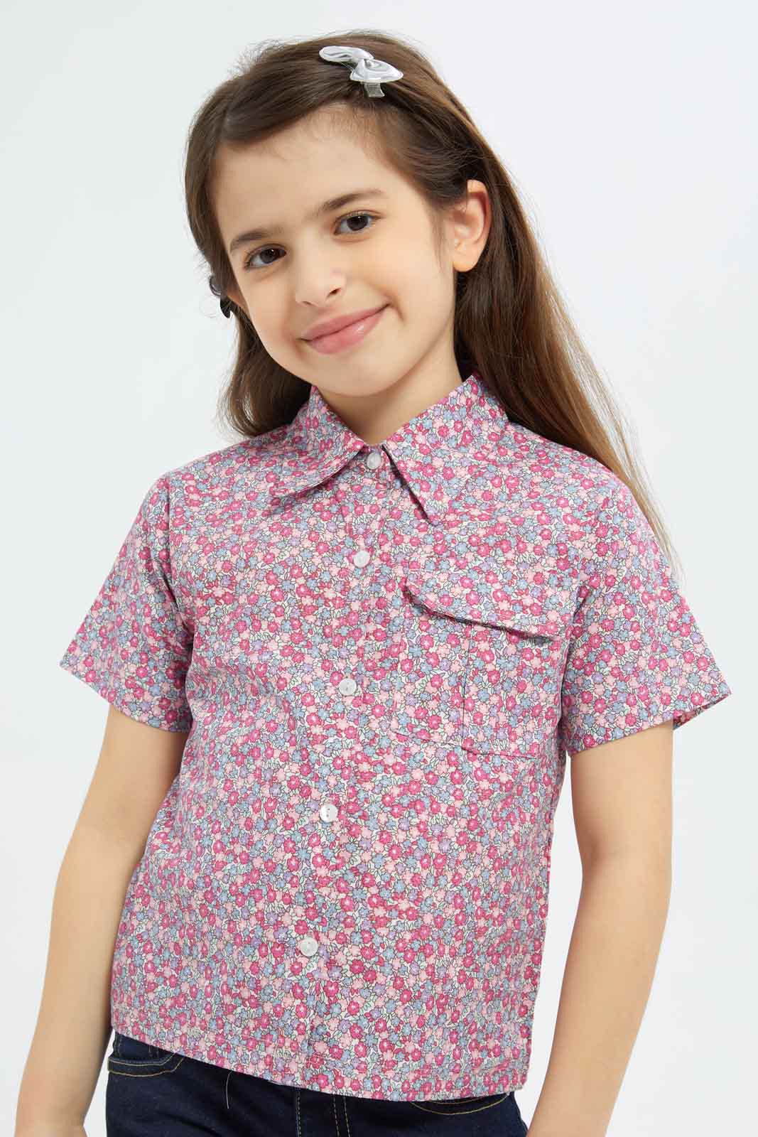Redtag-Girls-Ss-Cropped-Shirt---Floral-Ditsy-Red-Category:Blouses,-Colour:Assorted,-Deals:New-In,-Dept:Girls,-Filter:Girls-(2-to-8-Yrs),-GIR-Blouses,-New-In-GIR-APL,-Non-Sale,-S23B,-Section:Girls-(0-to-14Yrs)-Girls-2 to 8 Years