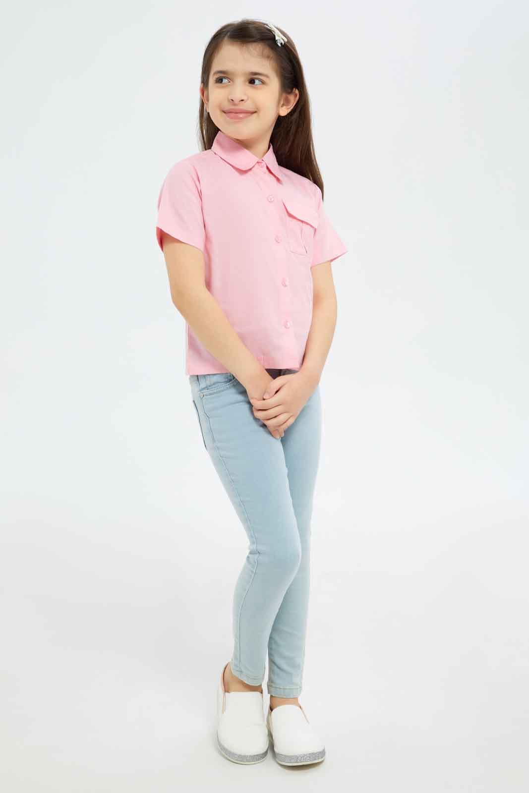 Redtag-Girls-Ss-Cropped-Shirt---Solid-Pink-Category:Blouses,-Colour:Apricot,-Deals:New-In,-Dept:Girls,-Filter:Girls-(2-to-8-Yrs),-GIR-Blouses,-New-In-GIR-APL,-Non-Sale,-S23B,-Section:Girls-(0-to-14Yrs)-Girls-2 to 8 Years