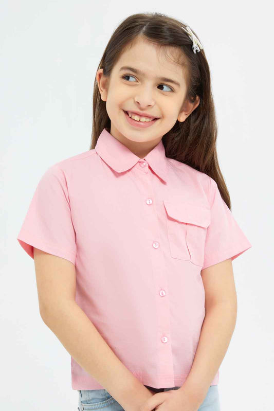 Redtag-Girls-Ss-Cropped-Shirt---Solid-Pink-Category:Blouses,-Colour:Apricot,-Deals:New-In,-Dept:Girls,-Filter:Girls-(2-to-8-Yrs),-GIR-Blouses,-New-In-GIR-APL,-Non-Sale,-S23B,-Section:Girls-(0-to-14Yrs)-Girls-2 to 8 Years
