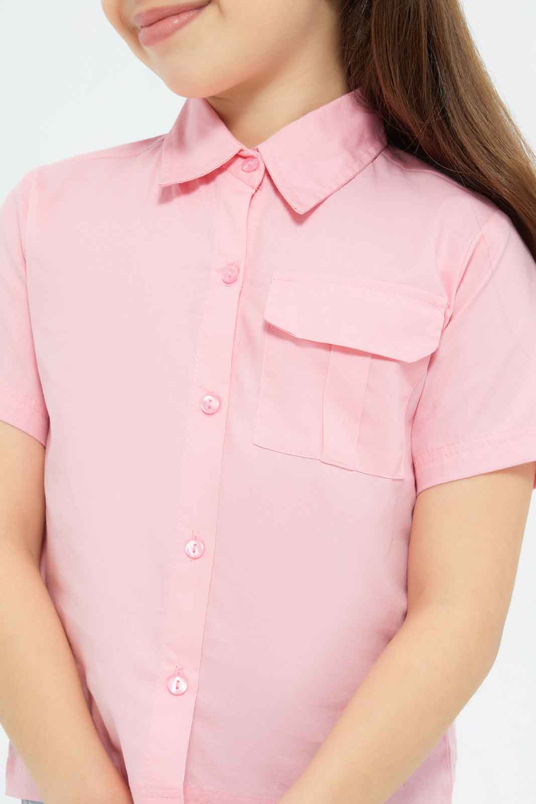 Redtag-Girls-Ss-Cropped-Shirt---Solid-Pink-Category:Blouses,-Colour:Apricot,-Deals:New-In,-Dept:Girls,-Filter:Girls-(2-to-8-Yrs),-GIR-Blouses,-New-In-GIR-APL,-Non-Sale,-S23B,-Section:Girls-(0-to-14Yrs)-Girls-2 to 8 Years