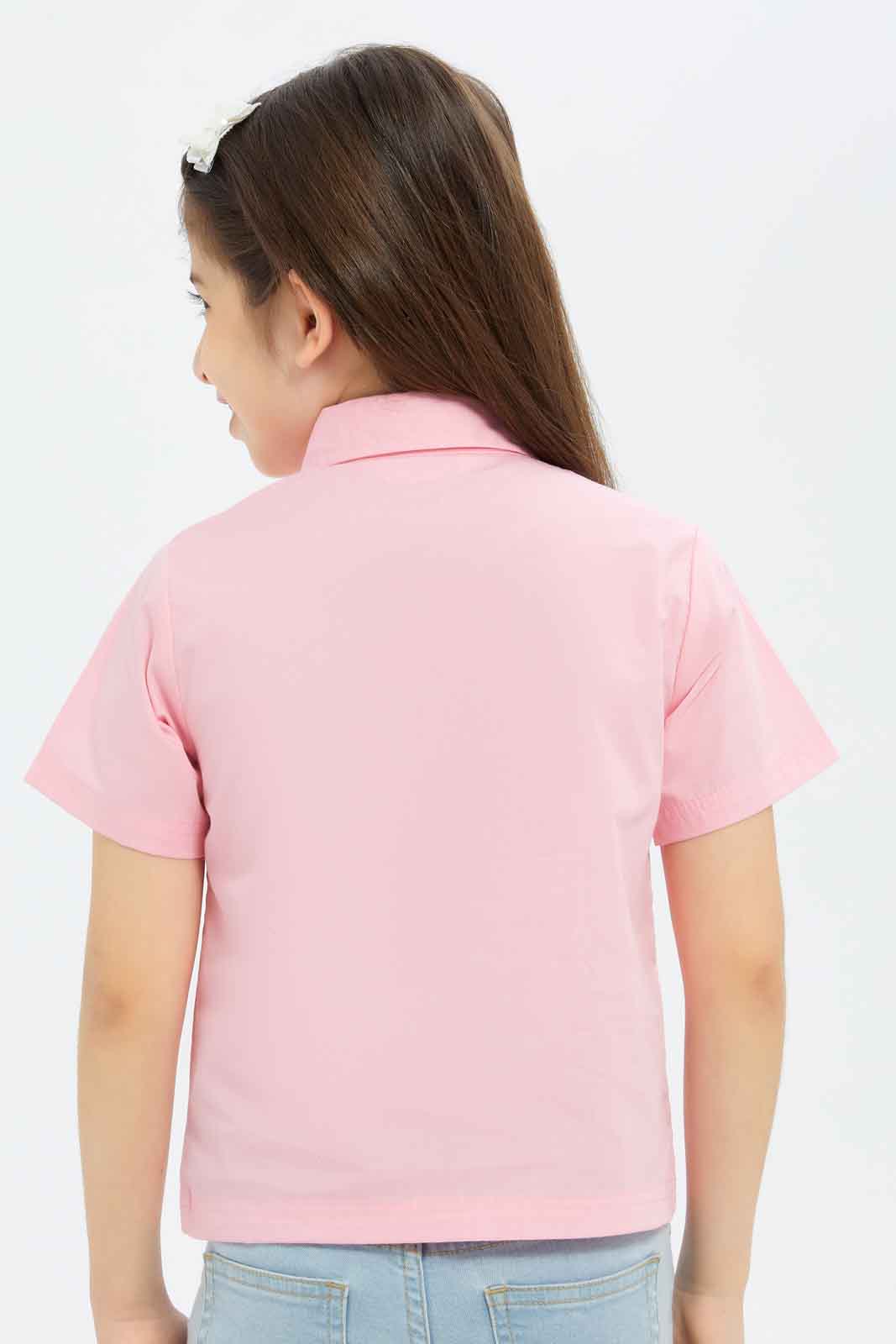 Redtag-Girls-Ss-Cropped-Shirt---Solid-Pink-Category:Blouses,-Colour:Apricot,-Deals:New-In,-Dept:Girls,-Filter:Girls-(2-to-8-Yrs),-GIR-Blouses,-New-In-GIR-APL,-Non-Sale,-S23B,-Section:Girls-(0-to-14Yrs)-Girls-2 to 8 Years