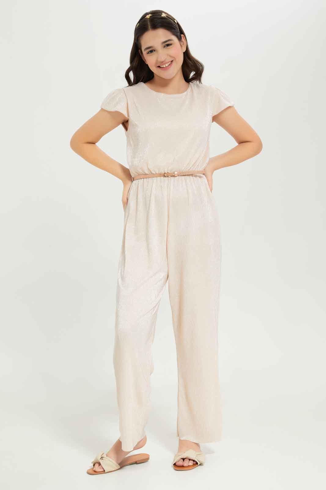 Redtag-Girls-White/Rose-Gold-Jumpsuit-Category:Dresses,-Colour:Beige,-Deals:New-In,-Dept:Girls,-EXE,-Filter:Senior-Girls-(8-to-14-Yrs),-GSR-Dresses,-New-In-GSR-APL,-Non-Sale,-S23B,-Section:Girls-(0-to-14Yrs)-Senior-Girls-9 to 14 Years