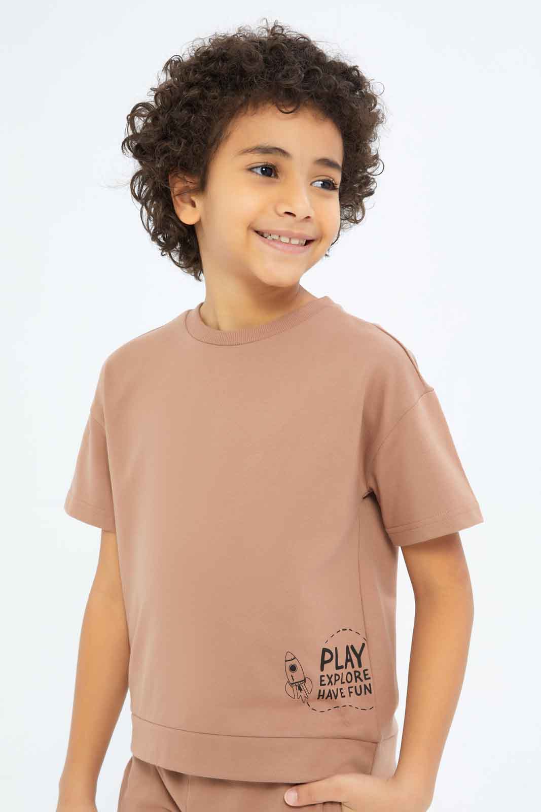 Redtag-Boys-Brown-Over-Size-Crew-Neck-T-Shirt-BOY-T-Shirts,-Category:T-Shirts,-CHA,-Colour:Brown,-Deals:New-In,-Dept:Boys,-Filter:Boys-(2-to-8-Yrs),-New-In-BOY-APL,-Non-Sale,-S23B,-Section:Boys-(0-to-14Yrs)-Boys-2 to 8 Years