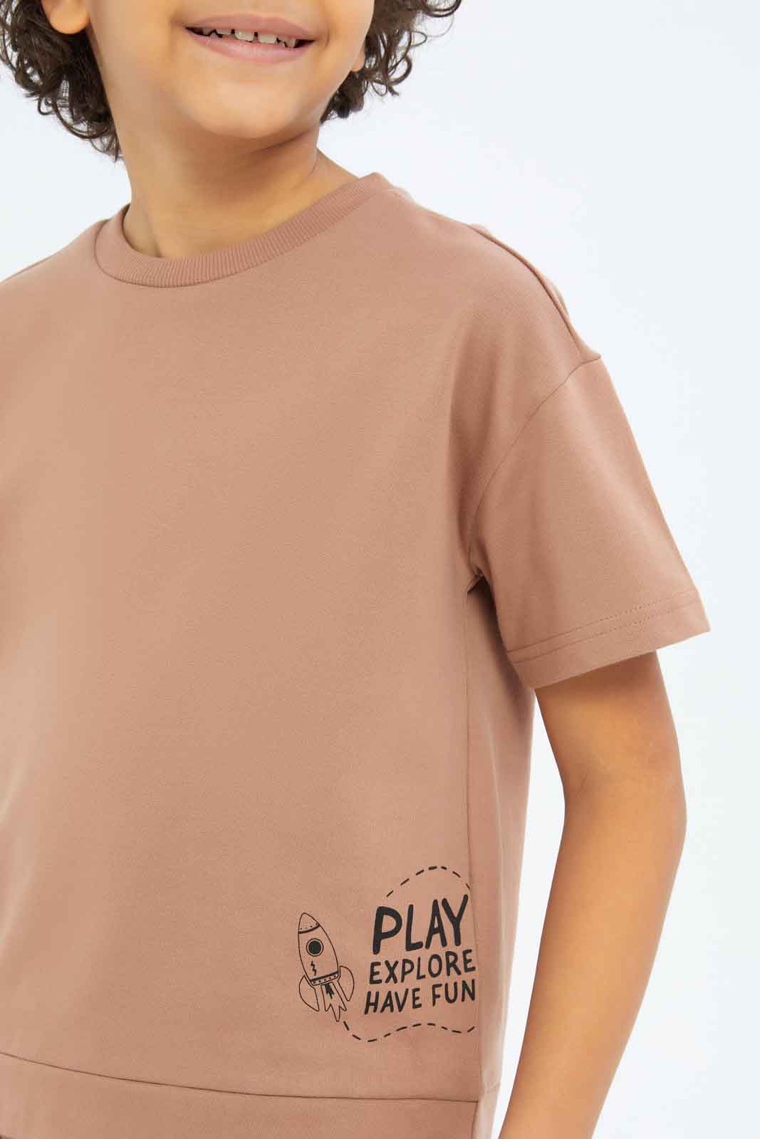 Redtag-Boys-Brown-Over-Size-Crew-Neck-T-Shirt-BOY-T-Shirts,-Category:T-Shirts,-CHA,-Colour:Brown,-Deals:New-In,-Dept:Boys,-Filter:Boys-(2-to-8-Yrs),-New-In-BOY-APL,-Non-Sale,-S23B,-Section:Boys-(0-to-14Yrs)-Boys-2 to 8 Years