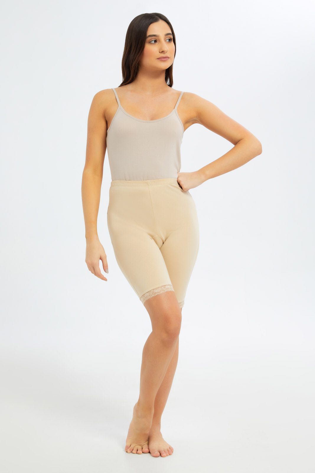Redtag-Women-Beige-Plain-Knitshort-With-Lace-Category:Briefs,-Colour:Beige,-Deals:New-In,-Dept:Ladieswear,-Filter:Women's-Clothing,-New-In-Women-APL,-Non-Sale,-S23B,-Section:Women,-Women-Briefs--